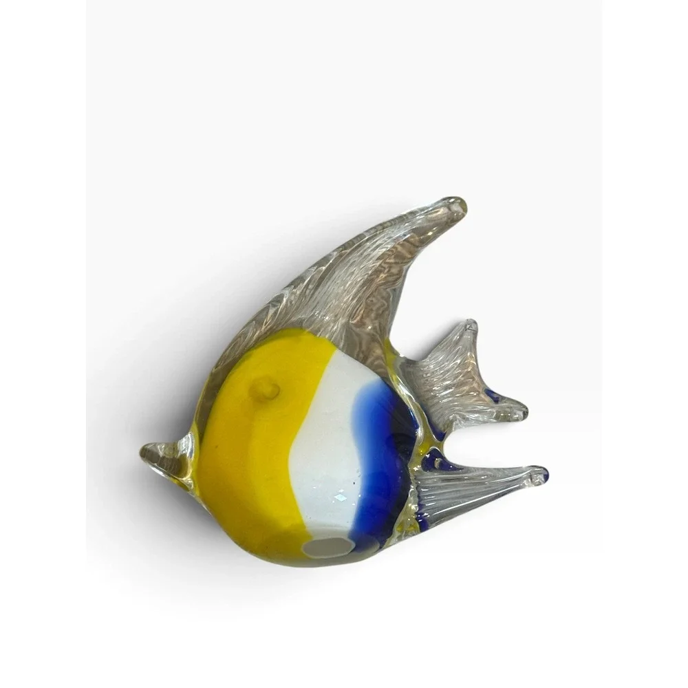 Hand Blown Art Glass Tropical Angelfish Figurine Paperweight Yellow Blue 4in